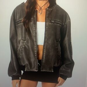 Edikted Vava Washed Faux Leather Bomber Jacket